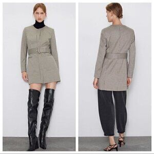 Zara Belted Houndstooth Frock Blazer Coat Size S NWOT